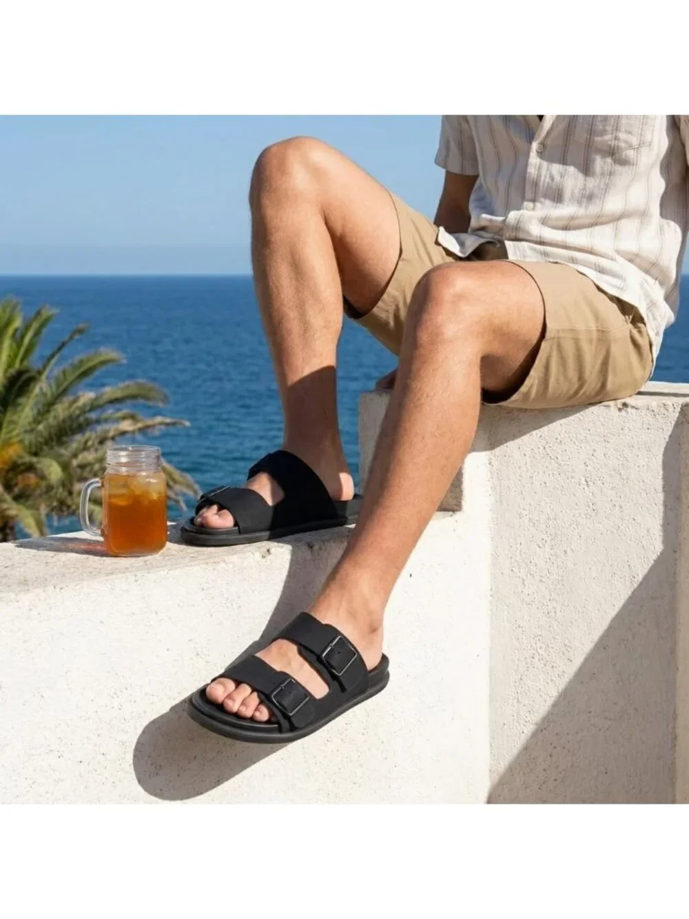 Men's Black Alpha Leather Sandals Casual Slip On Flat Adjustable Buckles